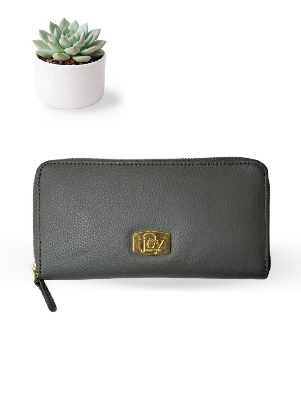 Joy Mangano Gray Pebbled Leather Zip Around Wallet Clutch Gold Hardware
